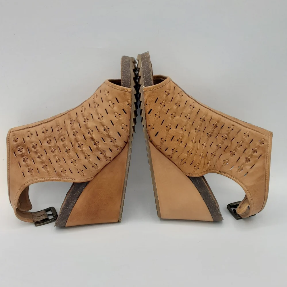 Diba True Leather Boho Tan Perforated Wedge Sandals.